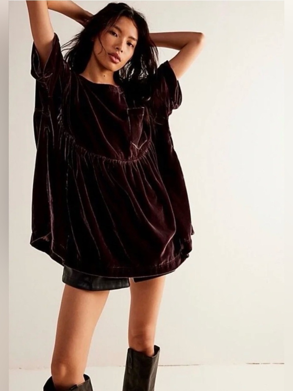 Free People Moon City Velvet Babydoll Tunic Top Oversized Dark Plum Raisin, Sz S